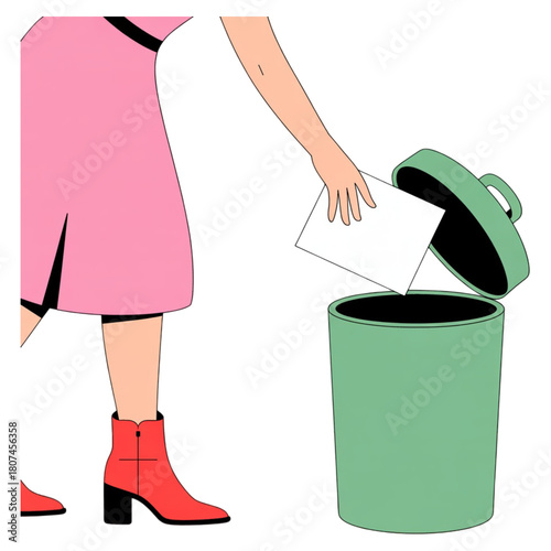 Person disposing of paper into a trash can isolated on transparent background