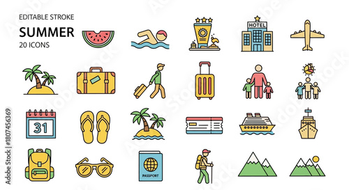 Aesthetic Summer Travel and Leisure Icons Set with Holiday Destinations, Activities, and Essential Items in a Contemporary Line Design