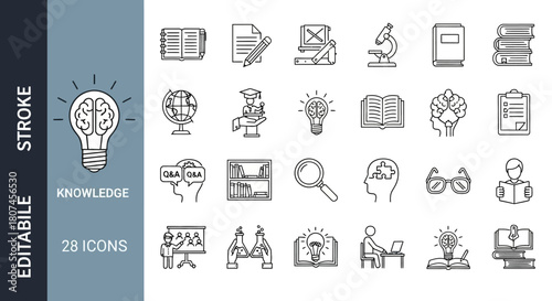 Sleek line icon collection featuring symbols of knowledge and learning. Editable stroke illustrations for education, science, and research