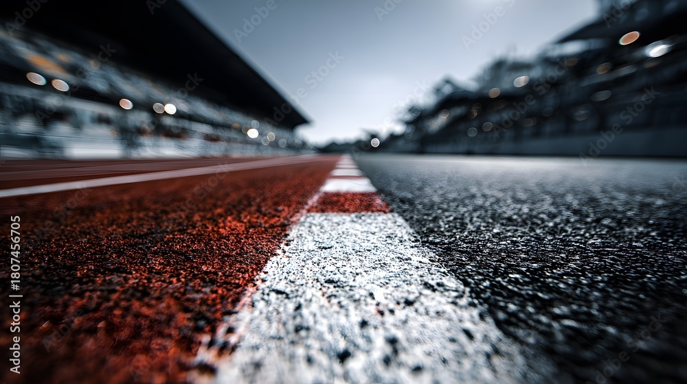 Obraz premium Race track perspective with asphalt and red racing lane, leading lines