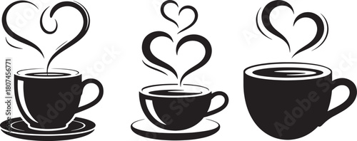 Three coffee cups emitting heart shaped steam illustration on white background