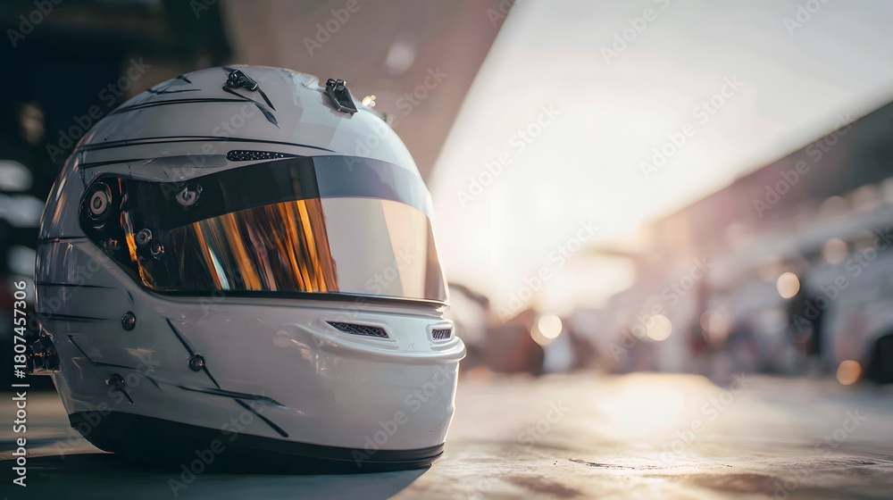 Naklejka premium Racing helmet on the ground with a blurred background of a race track