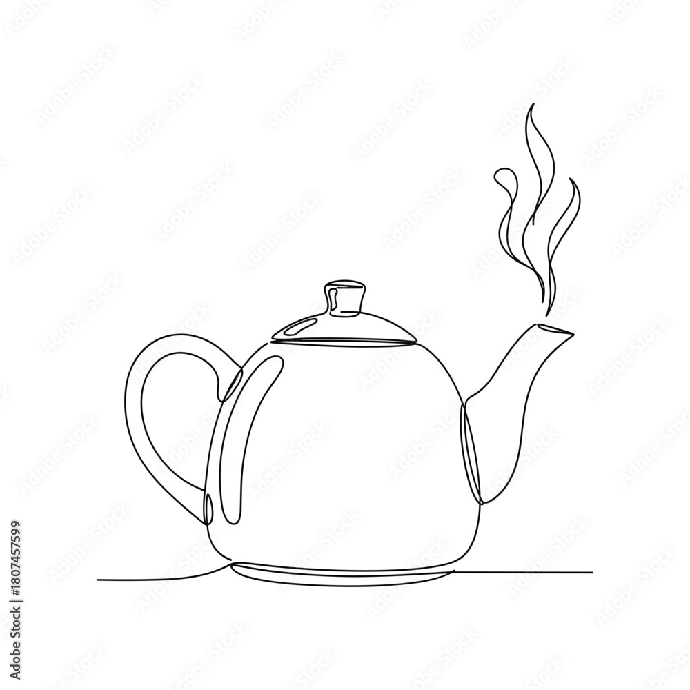 Obraz premium Simple line drawing of a steaming teapot on a white background