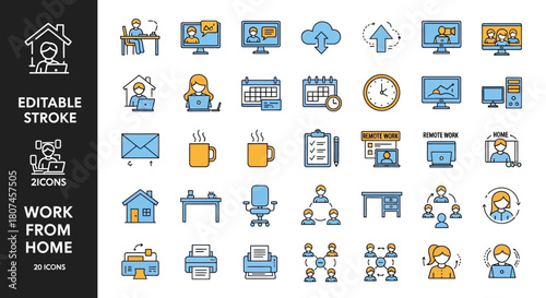 Dynamic Collection of Sleek Line Icons Illustrating Remote Work Scenarios, Home Office Productivity, and Virtual Collaboration