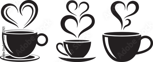 Three cups of coffee with heart shaped steam black and white