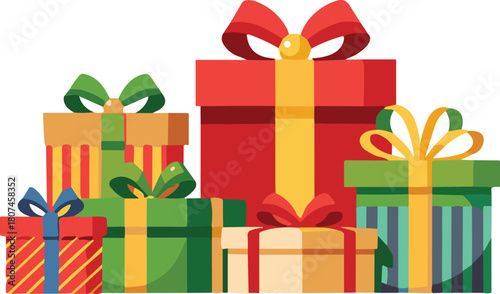 Gift boxes, wrapped presents, colorful ribbons, festive packaging, birthday celebration, holiday surprise, stacked gifts, decorative bows, party decor, cheerful display