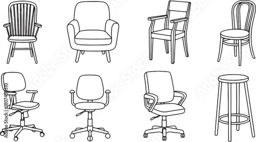 Various types of chair outline illustration collection for interior design concepts