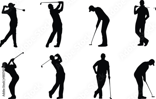 Golf silhouettes, swing poses, putting stance, black figures, sports action, golf technique, athletic motion, golf training, dynamic posture, outdoor sportGolf silhouettes, swing poses, 