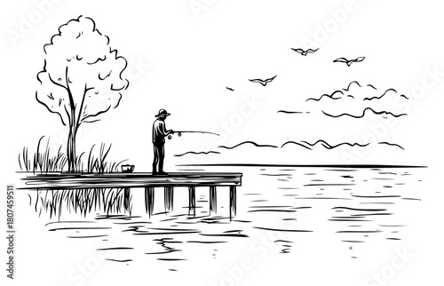 Lakefront Tranquility – Man with Dog Standing on Wooden Pier at Sunset Hand‑Drawn Vector Illustration