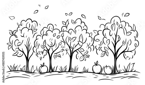 Autumn Apple Orchard Landscape – Hand‑Drawn Fruit Trees Dropping Apples in Wind