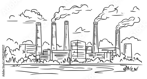 Industrial Factory with Smoke‑Belching Chimneys – Air Pollution Environmental Concept
