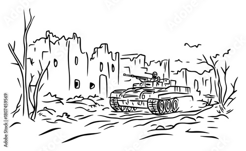 Armored Battle Tank Rolling Through War‑Torn City Ruins – Dramatic Line Art Illustration
