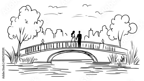 Romantic Couple Standing on Arched Park Bridge over Calm River – Hand‑Drawn Illustration