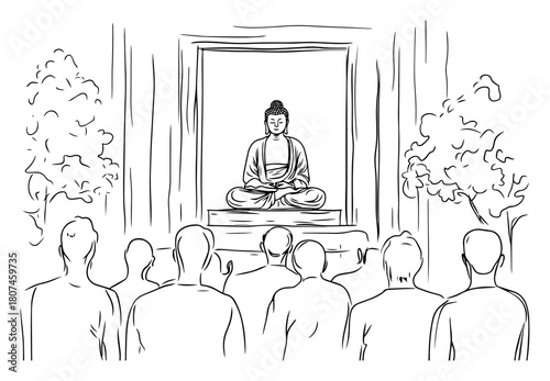 Pilgrims Gathering Before Framed Buddha Statue – Spiritual Temple Visit Vector