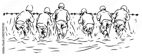 Infantry Soldiers Crawling Under Barbed Wire in Battlefield Exercise – War Training Illustration