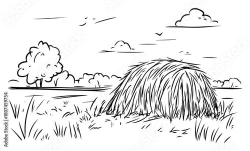 Large Haystack in Green Meadow Field – Rural Farming Harvest Illustration