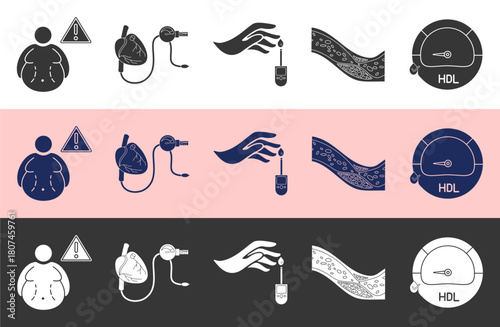 Metabolic syndrome glyph icon set includes visceral obesity, hypertension, insulin resistance, high triglycerides, low HDL cholesterol with different colors and background.
