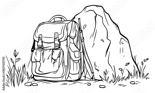 Travel Backpack Resting Against Boulder in Grass – Adventure Gear Illustration