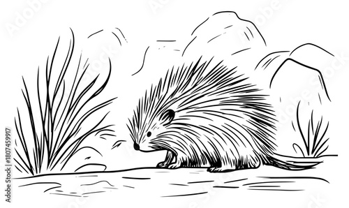 Wild Porcupine Exploring Rocky Desert Shrubland – Hand‑Drawn Vector Illustration