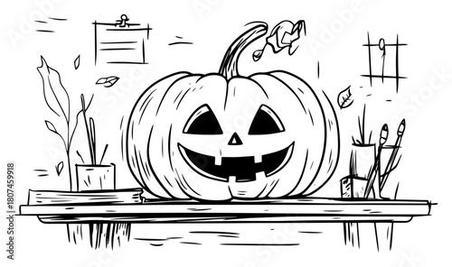 Smiling Jack‑o‑Lantern on Artist Workbench with Paint Brushes – Halloween Creativity Line Art