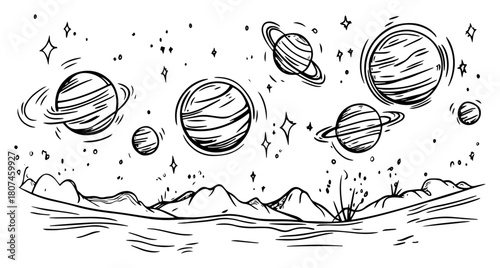 Surreal Cosmic Landscape with Multiple Planets Orbiting Above Alien Terrain – Fantasy Sci‑Fi Vector
