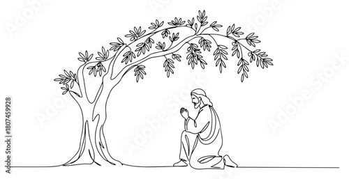 Solitary Figure Praying Beneath Ancient Olive Tree – Peaceful Spiritual Line Art Scene
