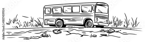 Tourist Coach Bus Parked by Countryside Roadside – Travel Transport Vector Illustration