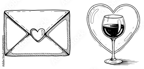 Love Letter Envelope and Wine Glass in Heart Shape – Romantic Vector Symbols