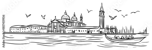 Venetian Island Skyline with Basilica and Gondola on Canal – Detailed Italy Line Art