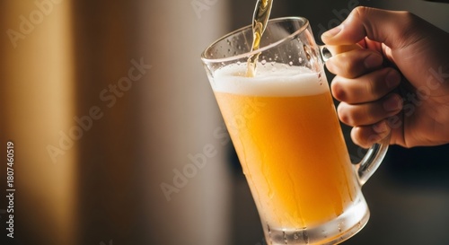Hand holding a glass mug as beer is poured, creating foam. Refreshing drink for party, celebration and happy hour.
