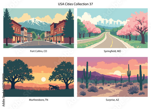Fort Collins, CO, Springfield, MO, Murfreesboro, TN, Surprise, AZ Flat Vector Poster Collection