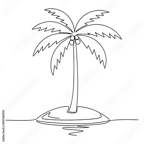 A serene tropical island scene featuring a solitary palm tree, rendered in elegant continuous line art, evoking a sense of calm and vacation paradise for travel design