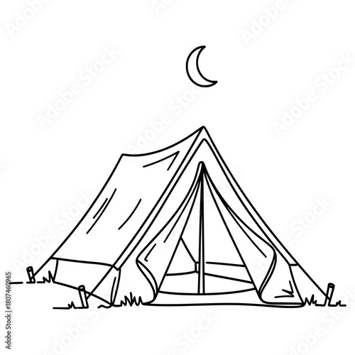 Camping Tent under Moonshine Line Art Outdoor Adventure Icon