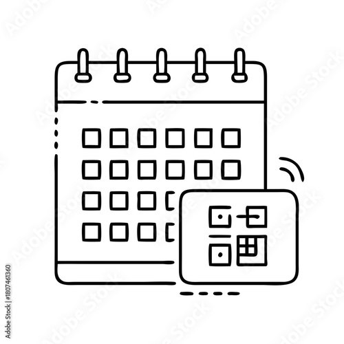 Modern calendar with smartphone reminder notification in doodle line art style