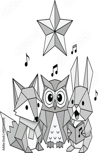 A monochrome illustration of woodland animals, including a fox, owl, and rabbit, gathered beneath a star, seemingly singing carols isolated on white background