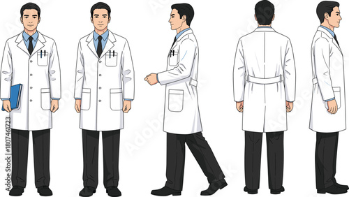 Male doctor in lab coat, medical professional, healthcare worker, hospital uniform, clinical attire, full body, multiple angles, isolated background