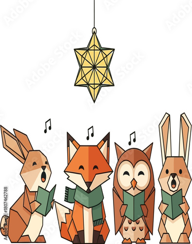 A charming illustration of woodland animals, including rabbits, fox, and owl, gathered beneath a radiant star, seemingly singing carols in a festive celebration
