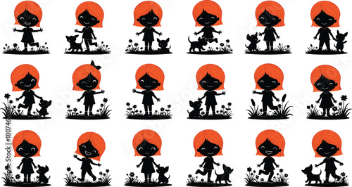 Cartoon girl with dog, playful interaction, orange hair, dress, grassy field, flower patch, character poses, cute pet, children illustration, grid layout