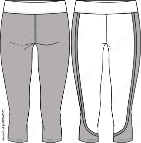 Athletic leggings back view, fashion illustration, activewear design, sportswear concept, stylish seam lines, cropped fit, gray and white pants