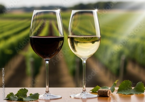 Two wine glasses red and white wine with vineyard background romantic toast