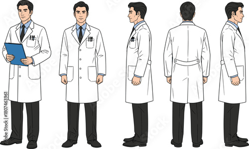 Male doctor in lab coat, medical uniform, healthcare professional, hospital staff, clinical attire, full body, multiple views, isolated background