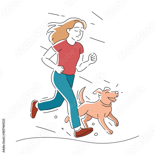 Dog run with his owner minimal colorful line art vector illustration