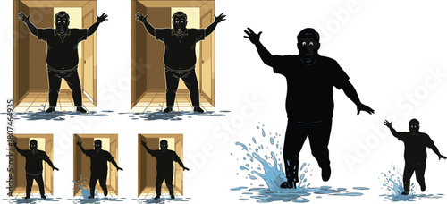 Man running through water, splash motion, silhouette sequence, comic-style illustration, urgency reaction, doorway flood, expressive movement, dynamic pose, visual storytelling, animation frame