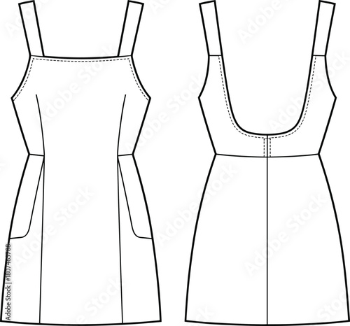 Sleeveless dress technical sketch, fashion flat drawing, front and back view, princess seams, square neckline, scoop back, garment design