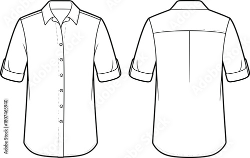 Short sleeve shirt sketch, front and back view, button-up design, rolled sleeves, fashion illustration, garment construction, apparel template, technical drawing