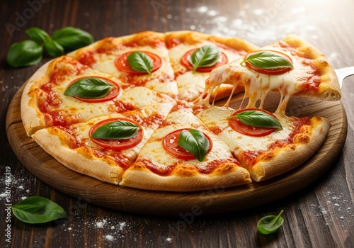 Delicious margherita pizza with fresh basil and melted cheese close up