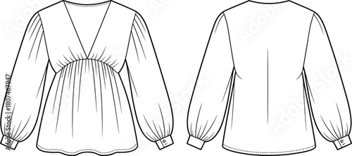 Women's blouse technical sketch, front back view, deep V-neckline, empire waist, puff sleeve, button cuff, fashion illustration, garment template, vector line art