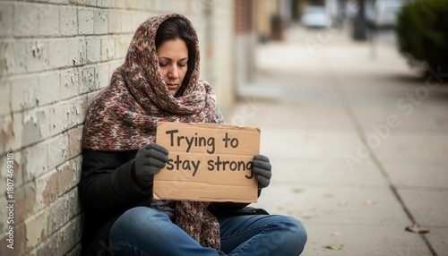 A sad homeless woman sits on a city sidewalk holding a cardboard sign. A person experiencing poverty and hardship. Social issue concept of unemployment and resilience.