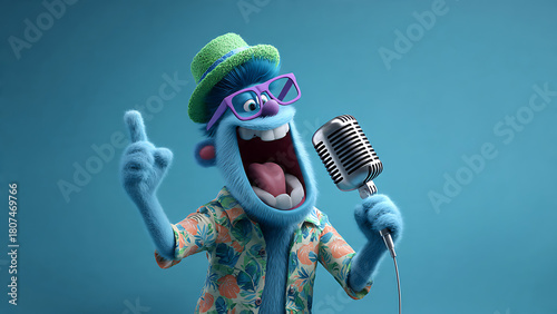 A cheerful 3D character singing loudly into a microphone, like karaoke.