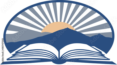 An open book emblem with a sunburst over mountains, framed by a semi-circle